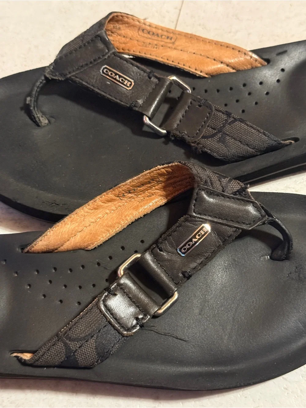 Coach Men's Black Footbed with Brown Accent Logo Thong Sandals